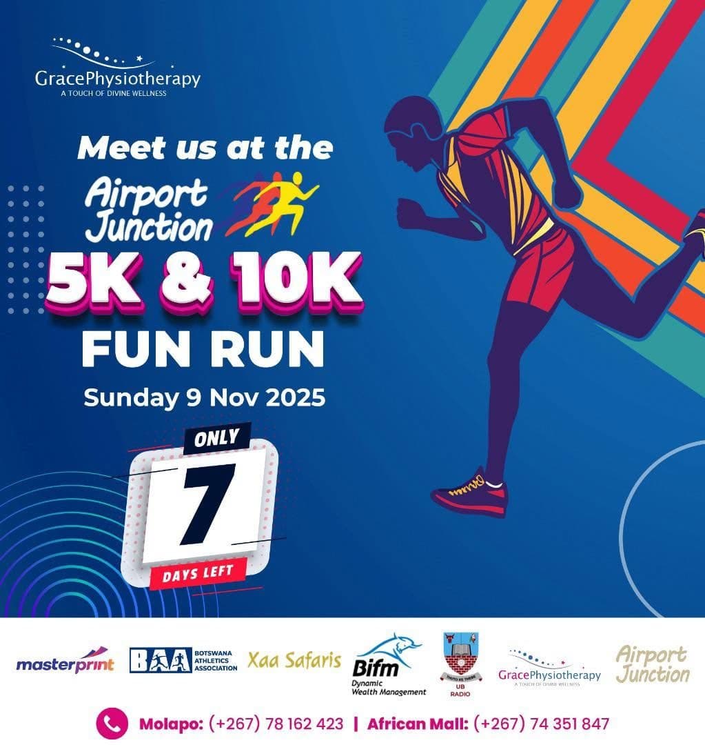 Grace Physiotherapy artwork for the Airport Junction 5K and 10K Fun Run on Sunday 9 November 2025.