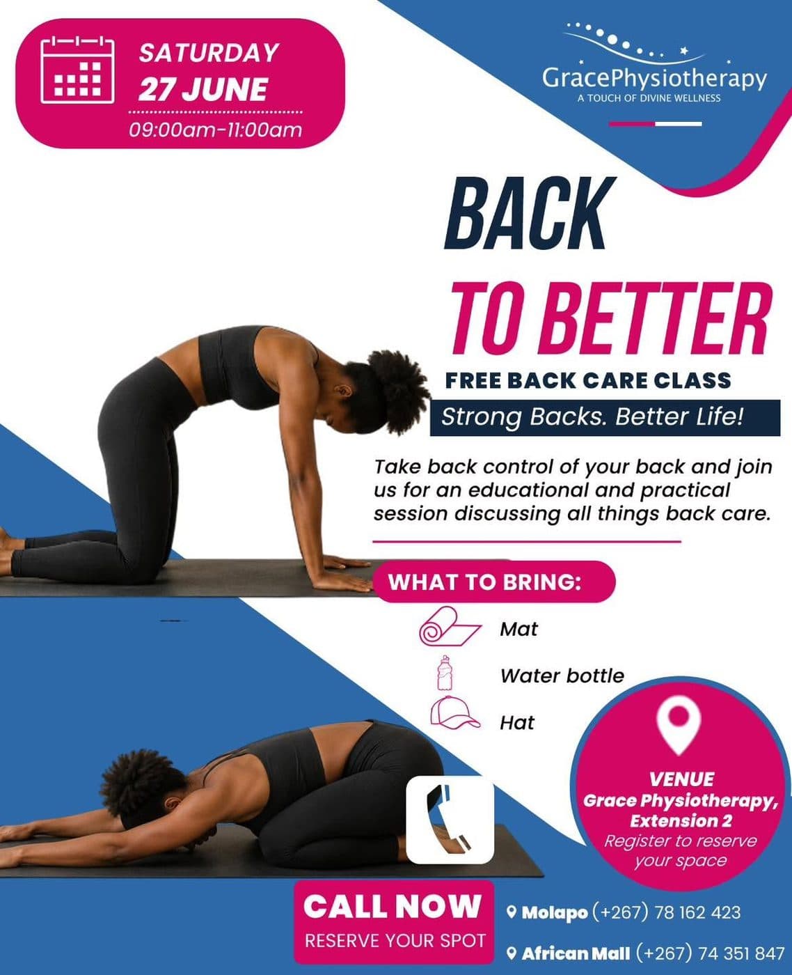 Grace Physiotherapy artwork for the free Back To Better back care class at the Extension 2 clinic.