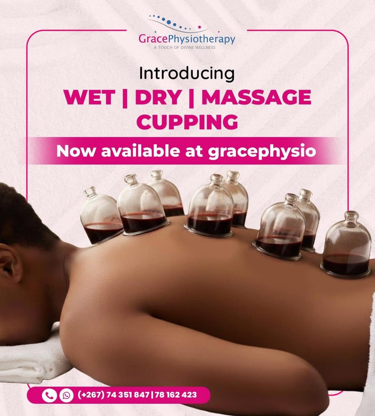 Grace Physiotherapy artwork introducing wet, dry and massage cupping therapy.