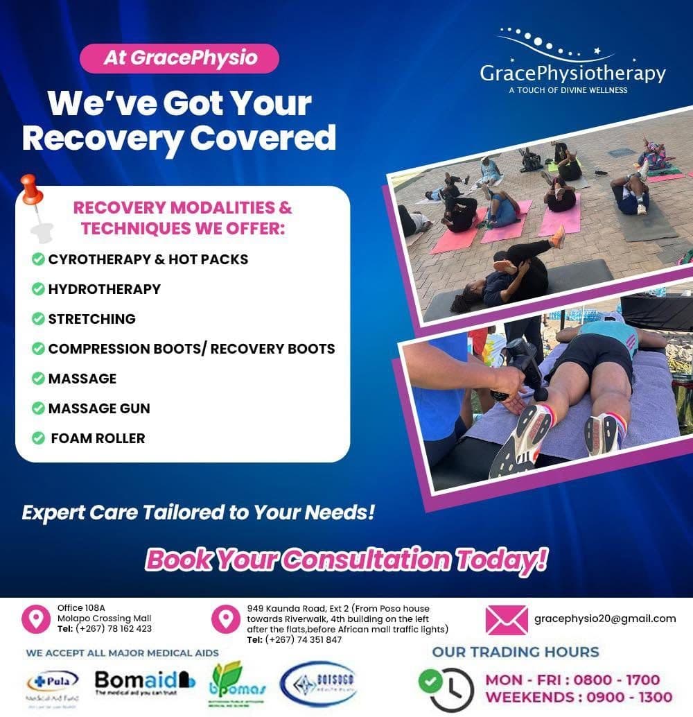Grace Physiotherapy artwork listing its recovery modalities and techniques.