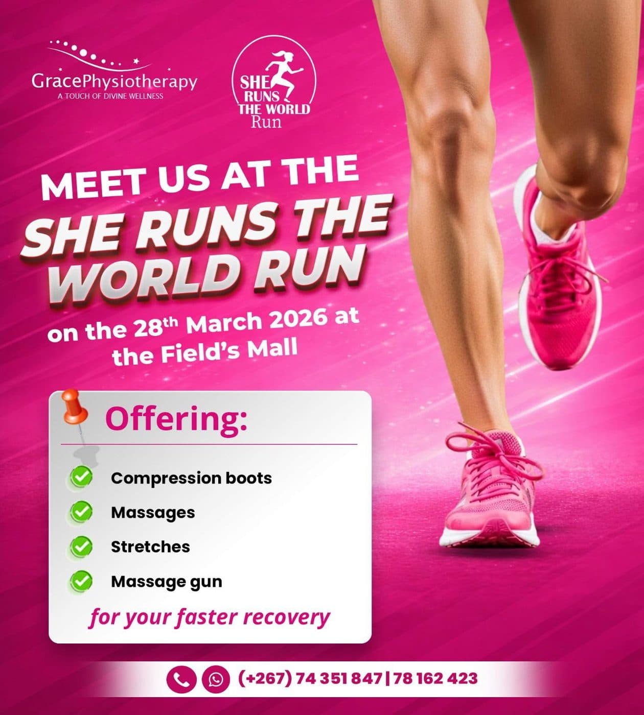 Grace Physiotherapy artwork announcing its recovery station offering at the She Runs The World Run on 28 March 2026.