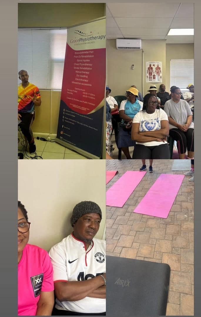 A Grace Physiotherapy education session in progress with participants seated on exercise mats.